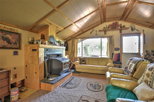 carpeted living area with lofted ceiling and a wood stove