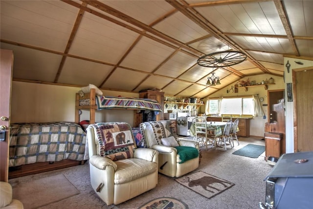 interior space with carpet floors and lofted ceiling