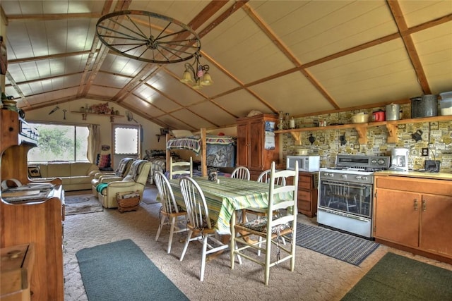dining space with lofted ceiling and light carpet
