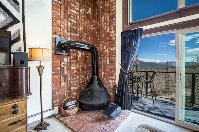 7237 Ryan Gulch Rd Unit 307, Silverthorne, CO 80498 - detailed view of a baseboard heating unit, a wood stove, and carpet floors