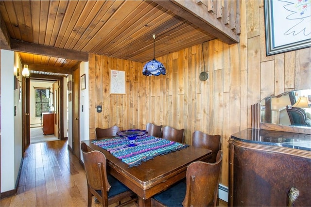 7237 Ryan Gulch Rd Unit 307, Silverthorne, CO 80498 - dining space with wooden walls, wooden ceiling, hardwood / wood-style flooring, and baseboard heating