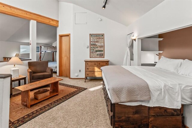 9430 Ryan Gulch Rd Unit 9453, Silverthorne, CO 80498 - bedroom featuring vaulted ceiling, carpet flooring, baseboards, and track lighting