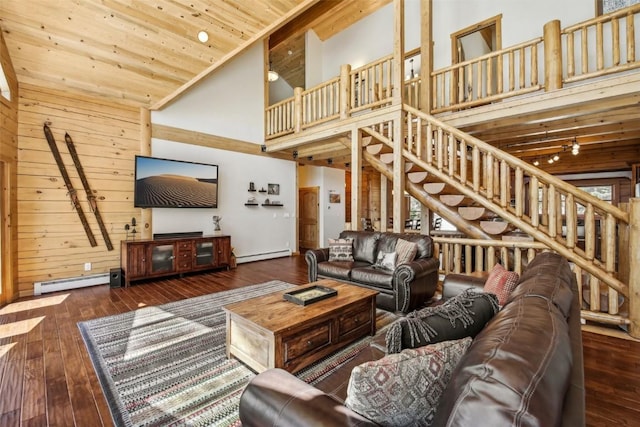 306 Robertson Ln, Breckenridge, CO 80424 - living area featuring a baseboard radiator, a high ceiling, wood-type flooring, wood walls, and wood ceiling