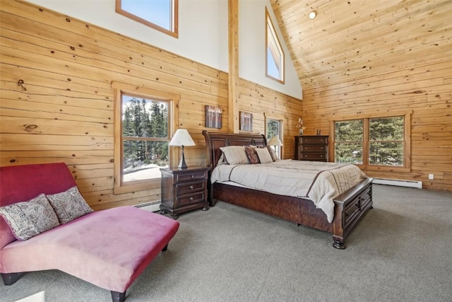 306 Robertson Ln, Breckenridge, CO 80424 - bedroom featuring high vaulted ceiling, multiple windows, carpet, wood walls, and baseboard heating