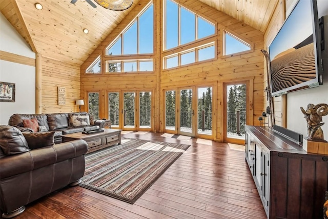 306 Robertson Ln, Breckenridge, CO 80424 - living area featuring high vaulted ceiling, wood walls, wood-type flooring, and wooden ceiling