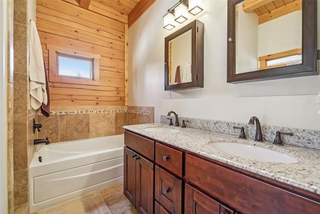 306 Robertson Ln, Breckenridge, CO 80424 - bathroom with wooden walls, wooden ceiling, and double vanity