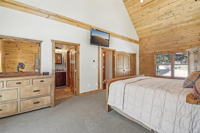 306 Robertson Ln, Breckenridge, CO 80424 - bedroom featuring high vaulted ceiling, light carpet, wood ceiling, connected bathroom, and wood walls