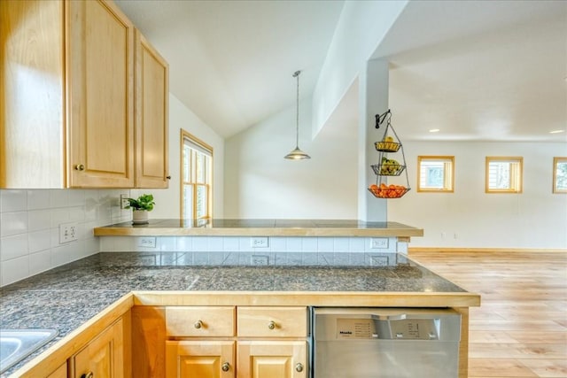 723 Meadow Dr Unit B, Frisco, CO 80443 - kitchen with tile countertops, stainless steel dishwasher, light brown cabinetry, light wood-type flooring, and lofted ceiling