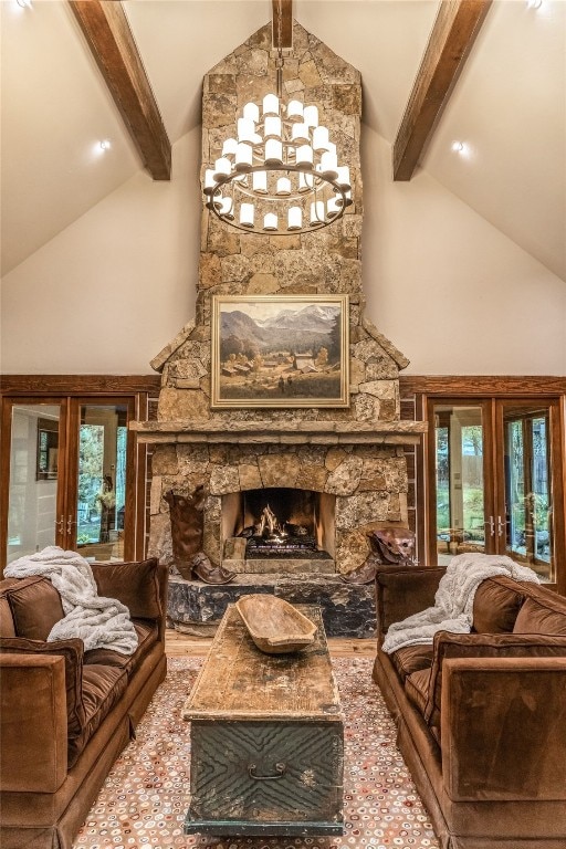 215 Royal Tiger Rd, Breckenridge, CO 80424 - living area featuring beamed ceiling, high vaulted ceiling, a chandelier, a fireplace, and french doors