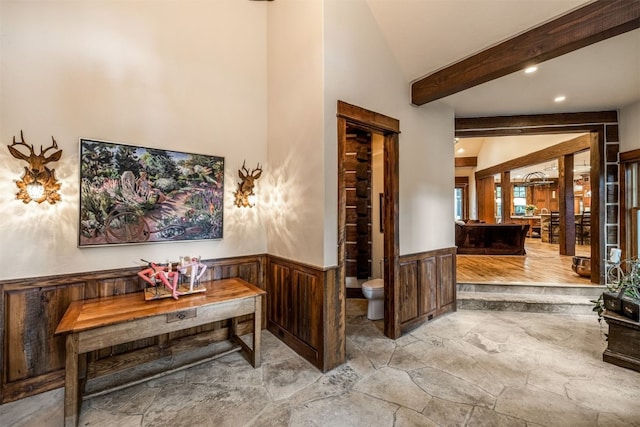 215 Royal Tiger Rd, Breckenridge, CO 80424 - interior space with a wainscoted wall, stone finish floors, and recessed lighting