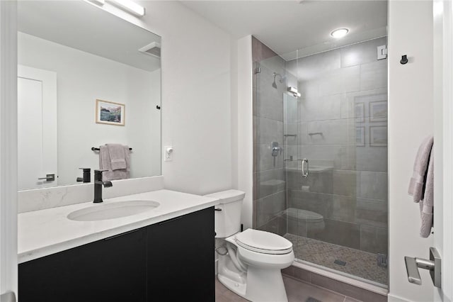 full bath with visible vents, vanity, toilet, and a shower stall