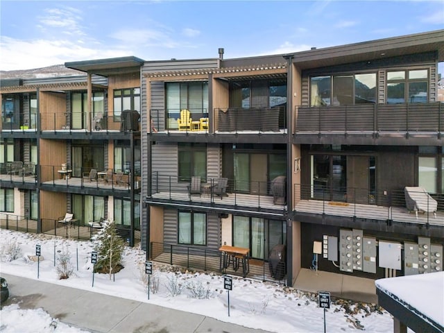 view of snow covered building