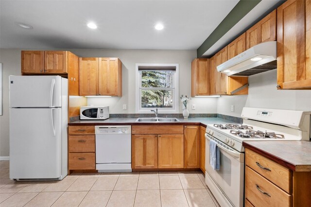 481 Marmot Cir, Silverthorne, CO 80498 - kitchen featuring light tile patterned floors, white appliances, under cabinet range hood, and a sink