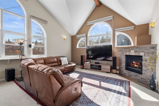 481 Marmot Cir, Silverthorne, CO 80498 - living room featuring beamed ceiling, carpet flooring, high vaulted ceiling, and a fireplace