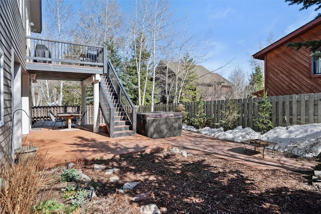481 Marmot Cir, Silverthorne, CO 80498 - view of yard with stairs, a patio area, a fenced backyard, and a hot tub