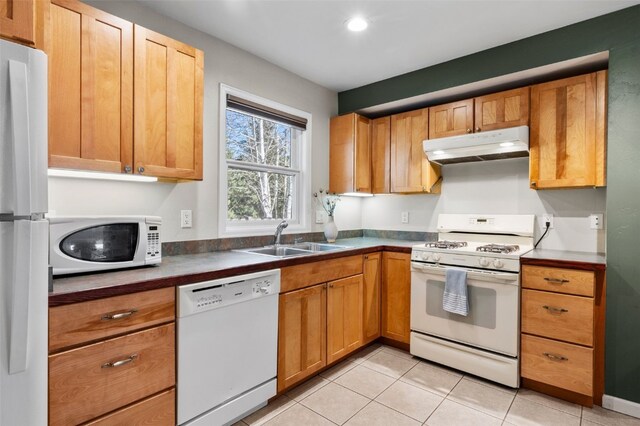 481 Marmot Cir, Silverthorne, CO 80498 - kitchen with a sink, under cabinet range hood, light tile patterned floors, white appliances, and dark countertops