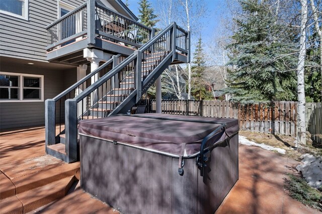 481 Marmot Cir, Silverthorne, CO 80498 - wooden terrace featuring fence, stairs, and a hot tub