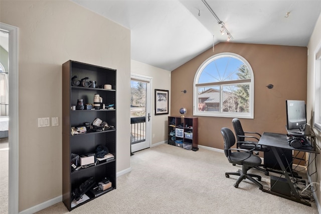 481 Marmot Cir, Silverthorne, CO 80498 - office area with track lighting, vaulted ceiling, carpet, and baseboards