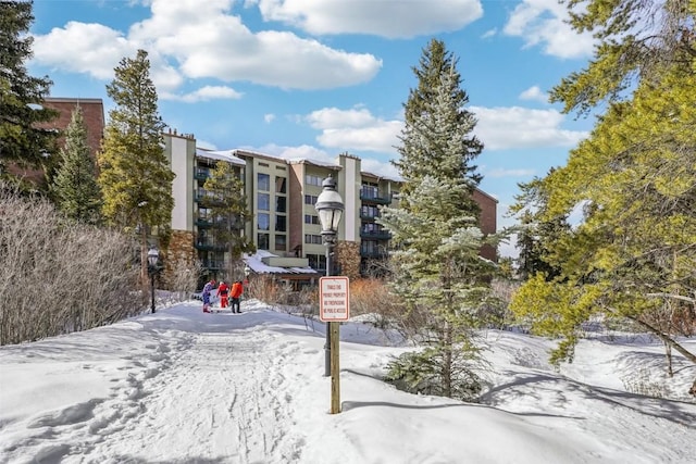 view of snow covered building