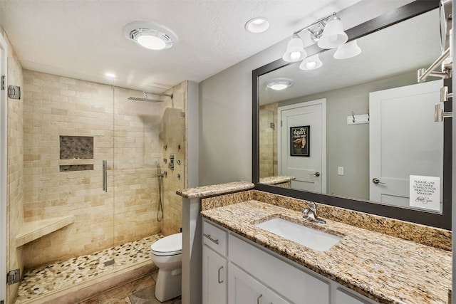 bathroom with vanity, toilet, and a stall shower