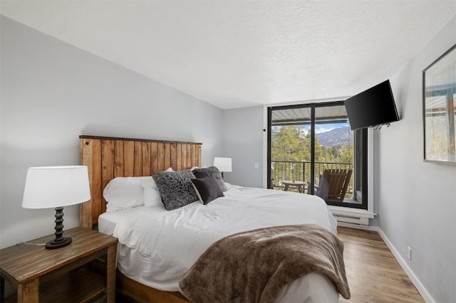 bedroom featuring wood finished floors, access to exterior, a baseboard heating unit, baseboards, and a textured ceiling