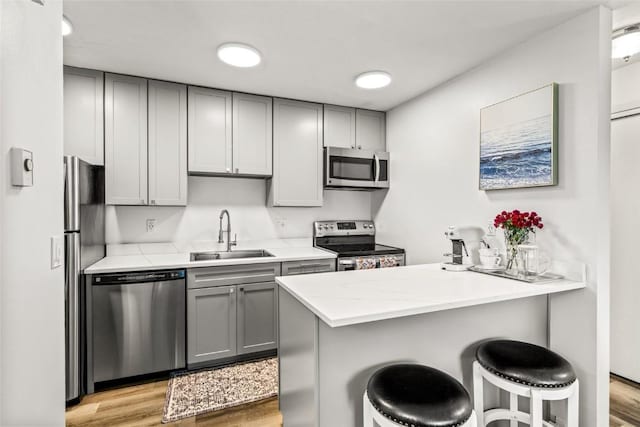 1300 Athens Plz Unit 2, Steamboat Springs, CO 80487 - kitchen featuring appliances with stainless steel finishes, gray cabinets, light wood-style flooring, a kitchen bar, and a peninsula