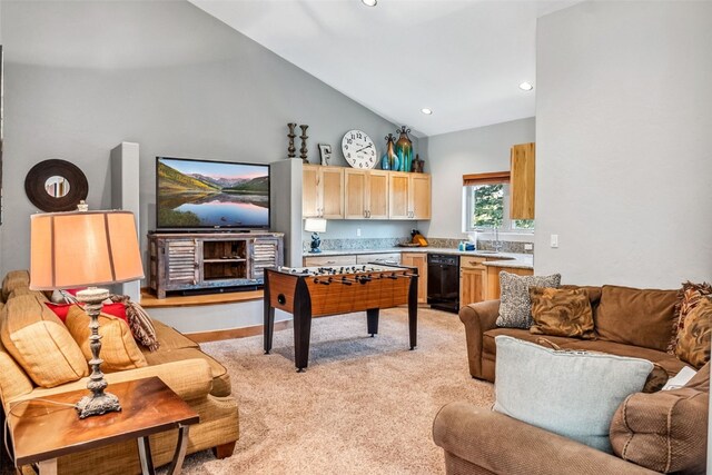 180 Emmett Lode Rd, Breckenridge, CO 80424 - rec room featuring high vaulted ceiling, light carpet, and recessed lighting