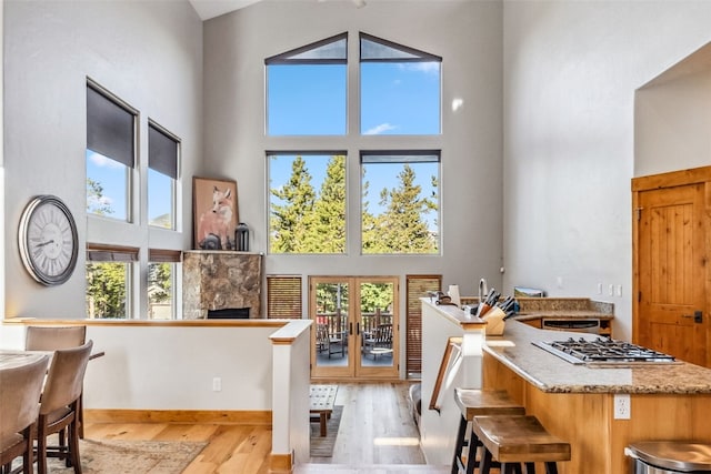 180 Emmett Lode Rd, Breckenridge, CO 80424 - interior space with a fireplace, wood finished floors, and a high ceiling