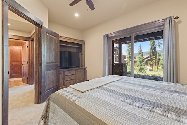 799 Independence Rd Unit 799, Keystone, CO 80435 - bedroom featuring carpet, access to exterior, ceiling fan, and recessed lighting