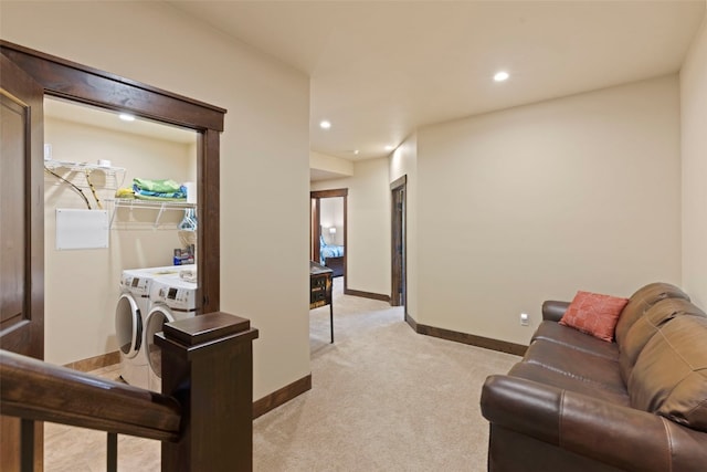 799 Independence Rd Unit 799, Keystone, CO 80435 - living area featuring separate washer and dryer, light colored carpet, and recessed lighting