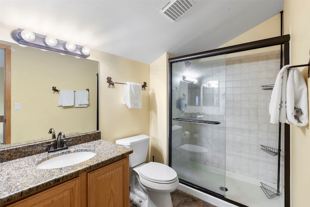 1660 Lakeview Ter Unit 306F, Frisco, CO 80443 - bathroom featuring a stall shower, toilet, vanity, and vaulted ceiling