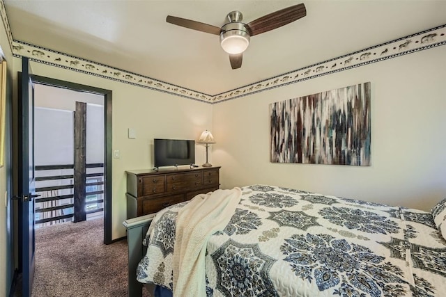 bedroom featuring dark carpet and ceiling fan