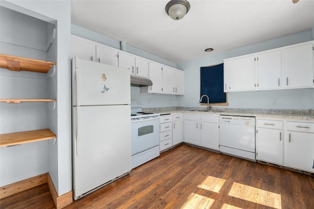 2495/2497 Val Disere Cir, Steamboat Springs, CO 80487 - kitchen with white appliances, under cabinet range hood, white cabinetry, and dark wood-style flooring