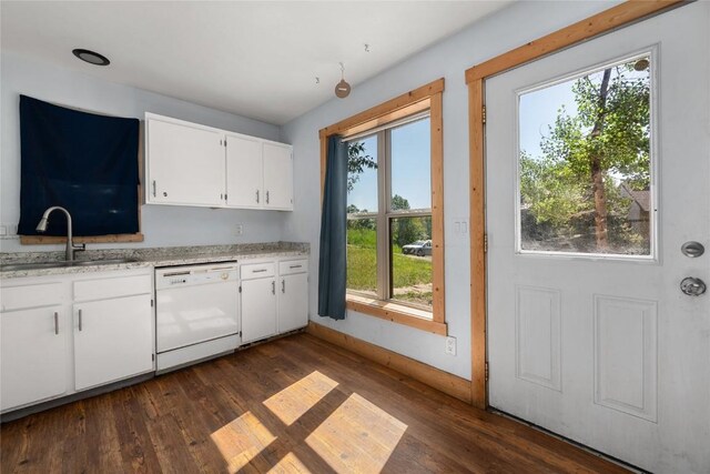 2495/2497 Val Disere Cir, Steamboat Springs, CO 80487 - kitchen featuring white dishwasher, dark wood-style flooring, white cabinets, and light stone countertops