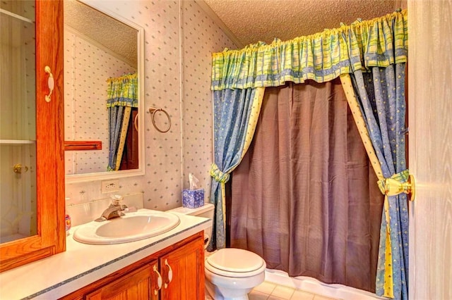 605 Lamb Mountain Rd, Fairplay, CO 80440 - bathroom featuring wallpapered walls, vanity, tile patterned floors, curtained shower, and a textured ceiling
