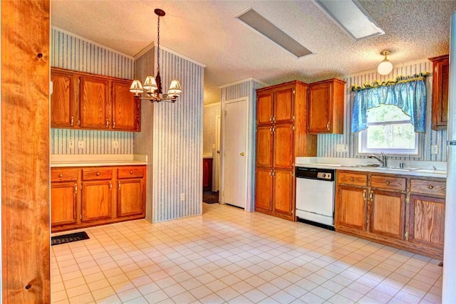 605 Lamb Mountain Rd, Fairplay, CO 80440 - kitchen with dishwasher, light countertops, a chandelier, hanging light fixtures, and wallpapered walls
