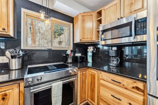 876 Broken Lance Dr Unit 876, Breckenridge, CO 80424 - kitchen with appliances with stainless steel finishes, backsplash, dark stone counters, open shelves, and light brown cabinetry