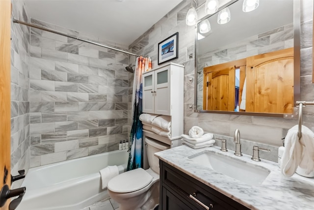 876 Broken Lance Dr Unit 876, Breckenridge, CO 80424 - full bathroom featuring shower / bath combo, vanity, tile walls, and toilet