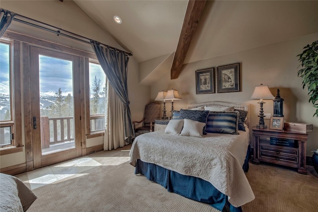 86 Grey Jay Ln, Breckenridge, CO 80424 - carpeted bedroom with recessed lighting, multiple windows, access to outside, and lofted ceiling with beams