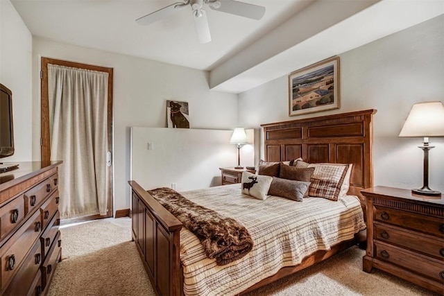 bedroom with light colored carpet and ceiling fan
