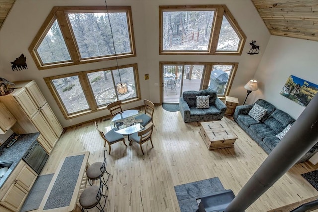 3222 Middle Fork Vis, Fairplay, CO 80440 - living area featuring high vaulted ceiling, healthy amount of natural light, light wood-style floors, and wood ceiling