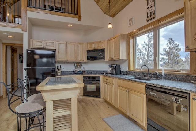 3222 Middle Fork Vis, Fairplay, CO 80440 - kitchen featuring black appliances, a sink, light brown cabinetry, light wood-type flooring, and high vaulted ceiling