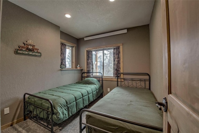 3222 Middle Fork Vis, Fairplay, CO 80440 - bedroom with a textured wall, a textured ceiling, recessed lighting, carpet, and baseboards