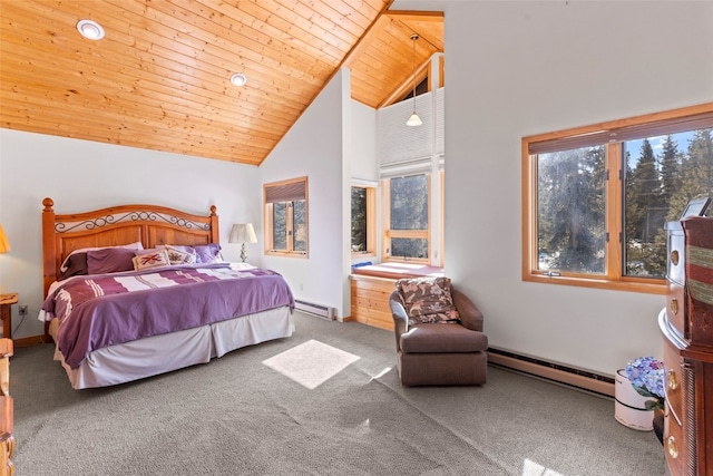 284 Lakeshore Loop, Blue River, CO 80424 - carpeted bedroom featuring a baseboard radiator, wood ceiling, multiple windows, and high vaulted ceiling