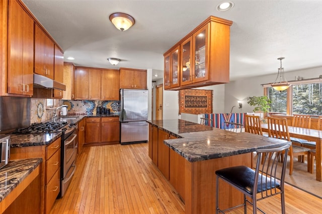 284 Lakeshore Loop, Blue River, CO 80424 - kitchen with appliances with stainless steel finishes, under cabinet range hood, brown cabinetry, decorative backsplash, and light wood-type flooring