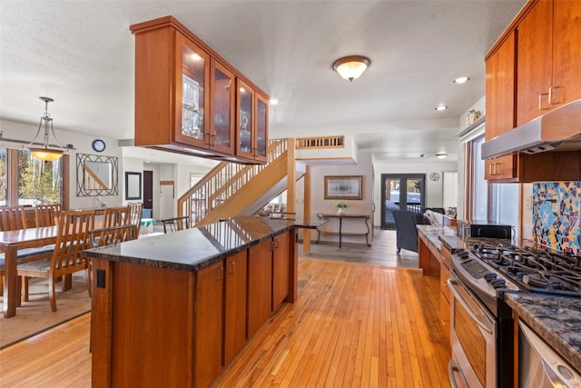 284 Lakeshore Loop, Blue River, CO 80424 - kitchen featuring appliances with stainless steel finishes, under cabinet range hood, light wood-style floors, brown cabinetry, and glass insert cabinets