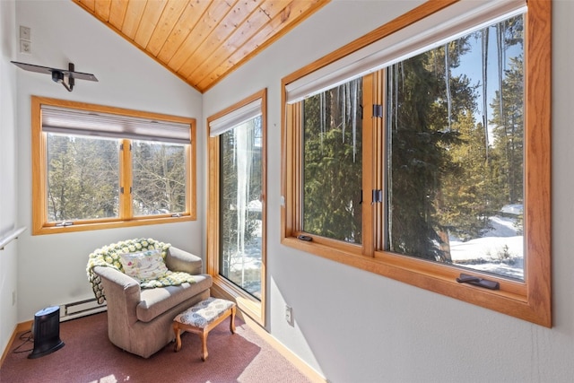 284 Lakeshore Loop, Blue River, CO 80424 - living area with lofted ceiling, carpet, wooden ceiling, baseboards, and baseboard heating