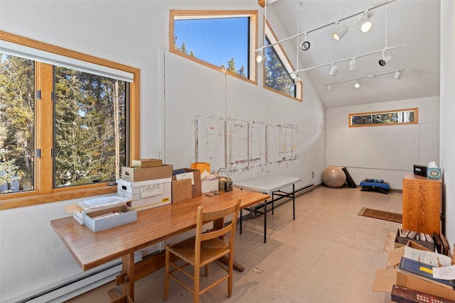 284 Lakeshore Loop, Blue River, CO 80424 - office area with high vaulted ceiling, baseboard heating, tile patterned floors, and rail lighting