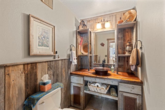 284 Lakeshore Loop, Blue River, CO 80424 - half bath featuring toilet, a wainscoted wall, vanity, and wooden walls