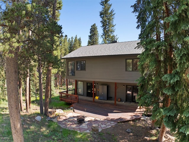 284 Lakeshore Loop, Blue River, CO 80424 - back of house with a fire pit, a wooden deck, and a shingled roof